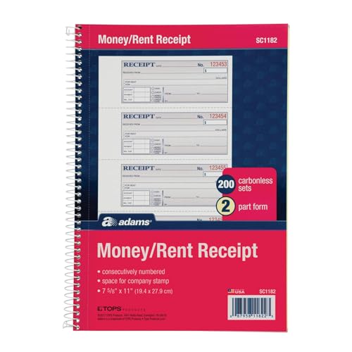 Adams Money and Rent Receipt Book, 2-Part Carbonless, 7-5/8' x 11', Spiral Bound, 200 Sets per Book, 4 Receipts per Page (SC1182), White/Canary