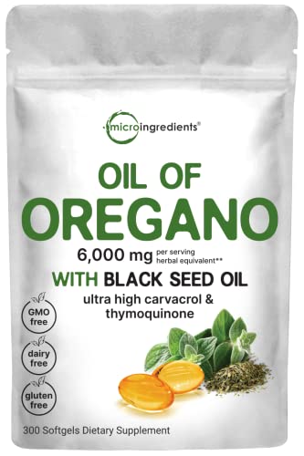 Micro Ingredients Oil of Oregano Softgels 6000mg Per Serving, 300 Count | 2 in 1 Formulated with Black Seed Oil 200mg, 4X Strength Carvacrol & Thymoquinone | Plant Based, Non-GMO & Immune Support