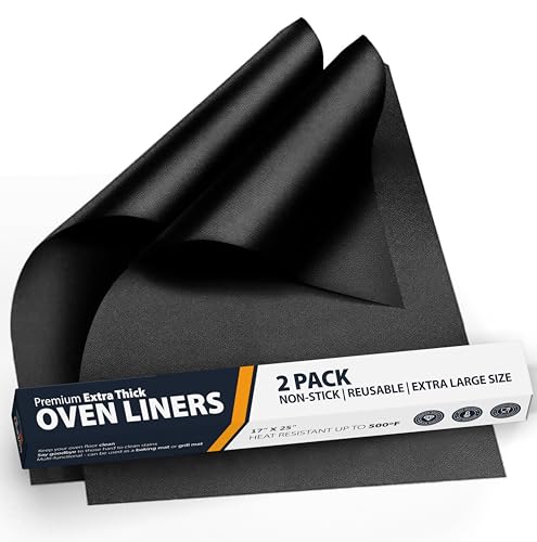 Oven Liners for Bottom of Oven - 2 Pack Large Heavy Duty Mats, 17”x25” Non-Stick Reusable Liner for Electric, Gas, Toaster Ovens, Grills - BPA & PFOA Free Kitchen Accessory to Keep Oven Clean (Black)