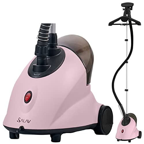 SALAV GS18-DJ Standing Garment Steamer with Roll Wheels for Easy Movement, 1.8L Water Tank for 1 Hour Continuous Steaming, Adjustable Pole for Storage, 1500 watts, Includes Descaler Packet, Pink