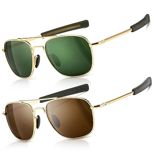 SUNGAIT Men's Military Style Polarized Pilot Aviator Sunglasses - Bayonet Temples (Gold/Dark Green + Gold/Brown) SGT285JKML-JKC