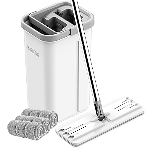 BOSHENG Mop and Bucket with Wringer Set, Hands Free Flat Floor Mop and Bucket, 3 Washable Microfiber Pads Included, Wet and Dry Use, Home Floor Cleaning System for All Floor Types and Windows