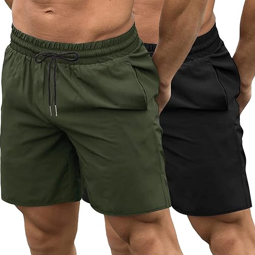 COOFANDY Mens 2 Pack Shorts 7' Quick Dry Gym Workout Shorts Training Running Shorts with Pockets (Black/Olive Green, Medium)
