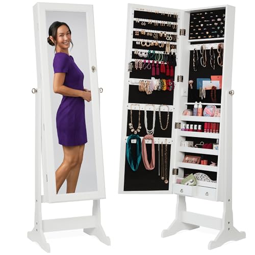 Best Choice Products Freestanding Jewelry Armoire Cabinet, Full Length Standing Mirror, Lockable Makeup Storage Organizer, w/Velvet Lining, 3 Angles, Lock, Accessory Pouch, 5 Shelves - White