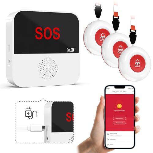 WiFi Rechargable Smart Wireless Caregiver Call Button Nurse Calling Life Emergency Alert System for Seniors Elderly Patient Disabled Kids 3 SOS Panic Buttons 1 Receiver (only Supports 2.4GHz Wi-Fi)