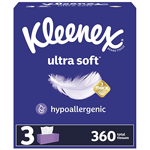 Kleenex Ultra Soft Facial Tissues, 3 Flat Boxes, 120 Tissues per Box, 3-Ply (360 Total Tissues), Packaging May Vary