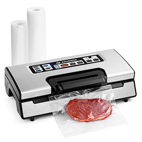 ADVENOR Vacuum Sealer Pro Food Sealer with Built-in Cutter and Bag Storage Includes 2 Bag Rolls 8'x16'and 11'x16' Handle Lock Design 90kpa Double Heat Seal For Food Preservation