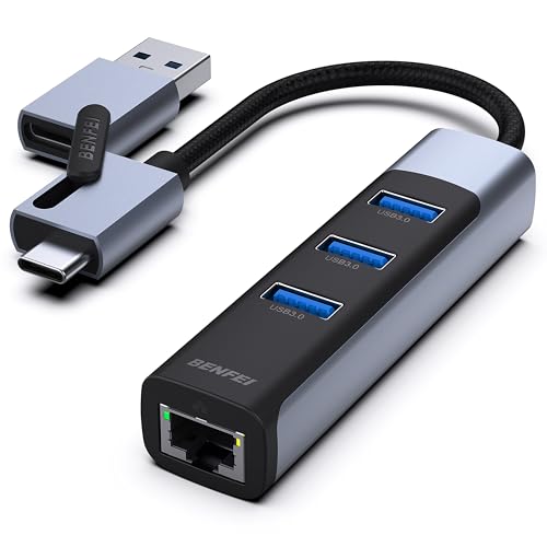 BENFEI 2in1 USB-C/USB 3.0 to Ethernet Adapter with 3*USB 3.0 Ports Compatible with iPhone 15 Pro/Max, MacBook Pro/Air 2023, iPad Pro, iMac, S23, XPS 17, Surface Book 3 and More