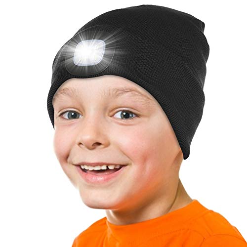 Tutuko Unisex LED Beanie with Light for Kids, Winter Knitted Hat for Boys Girls Black