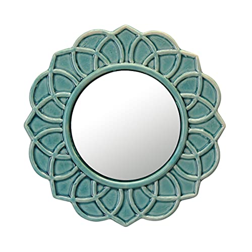 Stonebriar Decorative 9' Turquoise Round Floral Ceramic Accent Wall Mirror with Attached Hanging Loop, Decorative Decor for the Living Room, Bedroom, Bathroom, Hallway, and Entryway