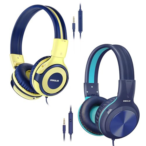 SIMOLIO Stereo Wired Headphones Teens Adults Kids Youths w/Mic & Volume Control & Volume Limited & Share Port & Portable Pouch, Safe Volume Durable Headset for Online School Gaming PC Laptop Travel