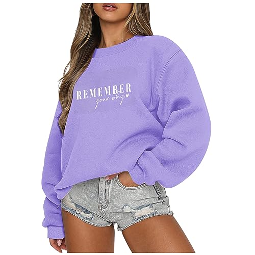 prime big deal days y2k hoodie Womens Remember Your Why Sweatshirt Long Sleeve Crewneck Letter Print Oversized Hoodies Pullover Loose Casual Fall Clothes Purple S