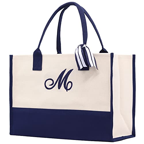 VANESSA ROSELLA Monogram Tote Bag with 100% Cotton Canvas and a Chic Personalized Monogram (Navy Script Letter - M)