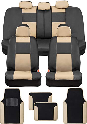 BDK Croc Skin Faux Leather Car Seat Covers Full Set with Carpet Car Floor Mats - Front and Rear Bench Seat Covers with Carpet Floor Liners, Car Interior Covers Gift Set (Beige)
