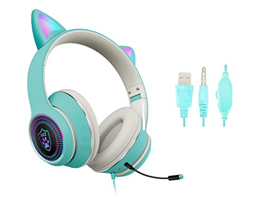 VIGROS Cat Ear Gaming Headset with Mic RGB LED Light, Flashing Glowing Stereo Headphones, 7.1 Stereo Sound Surround Over-Ear Headset for PC, PS4, PS5, Nintendo Switch,Mobile(Light Blue)