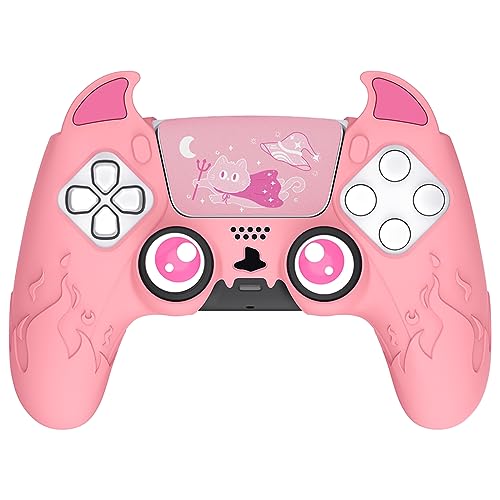 PlayVital Cute Demon Controller Silicone Case for ps5, Kawaii Controller Cover Gamepad Skin Protector for ps5 with Touch Pad Sticker & Thumb Grip Caps - Pink