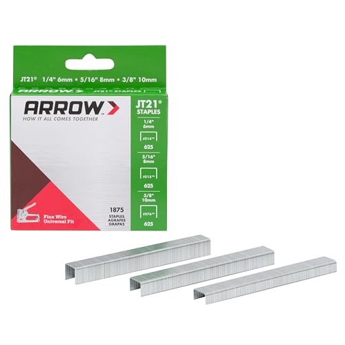 Arrow 21MP1 JT21 Thin Wire Staples Multipack for Staple Guns and Staplers, Use for Upholstery, Crafts,General Repairs, Includes 1/4-Inch, 5/16-Inch, and 3/8-Inch Sizes, 1875 Count,(Packaging May Vary)