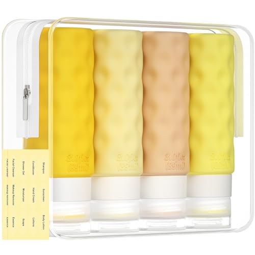 Morfone Silicone Travel Bottles for Toiletries, 3oz TSA Approved Travel Size Containers, BPA Free Leak Proof Squeezable Toiletry Bottles Set, Travel Accessories with Toiletry Bag and 2 Labels, Yellow