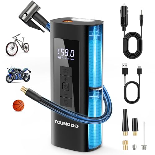 YOUNGDO Tire Inflator Portable Air Compressor 150 PSI & 6000mAh Air Pump Tire Inflator with Pressure Gauge Quick Inflation for Car,Motorcycle,Bike,Balls, Rechargeable Via USB-C as Torch and Power Bank