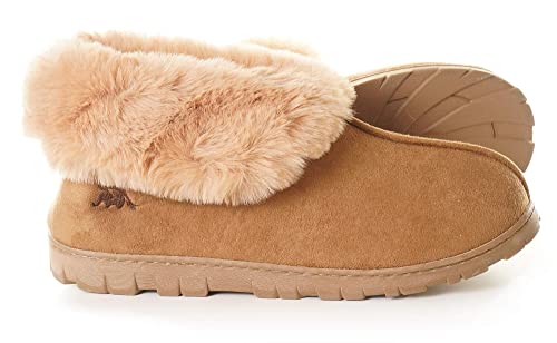 EUROPEAN SOFTEST EuropeanSoftest Women's Micro Suede Faux Fur Fleece Lined Cozy 80-D High-Density Memory Foam Slipper Bootie Breathable House Shoes with Non Skid Indoor Outdoor Sole Camel