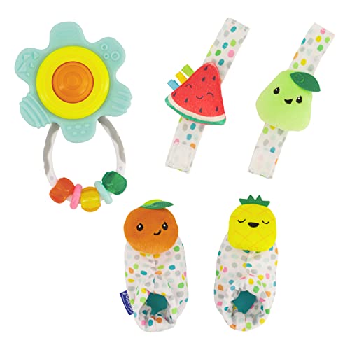 Infantino Baby's 1st Rattle Bundle Gift Set, Wrist Rattles, Foot Rattles, Spin & Teethe Gummy Rattle, Multicolor Fruit-Themed, 3-Piece Value Set for Babies 0M+