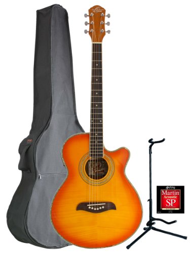 Oscar Schmidt by Washburn OG10CE Concert-Size Cutaway Acoustic-Electric Guitar Combo with Gig Bag, Stand, and Strings - Flame Yellow Sunburst