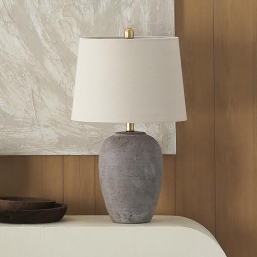 Nourison 23' Rustic Brown (Gray Undertones) Ceramic Pot Table Lamp for Bedroom, Living Room, Dining Room, Office, with Beige Tapered Drum Shade