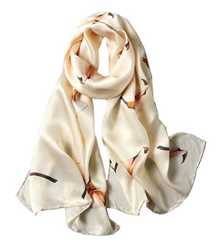 ANDANTINO 100% Mulberry Silk Long Scarf for Women Large Shawls for Headscarf and Neck- Oblong Hair Wraps with Gift Packed (Off-white Calla)