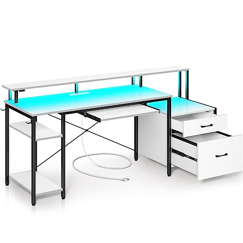 Rolanstar Computer Desk 65' with File Drawer, Gaming Desk with LED Light & Power Outlets, Home Office Desk with File Cabinet & Storage Shelves, with Monitor Stand & Keyboard Tray, White