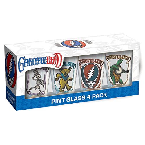 ICUP Grateful Dead Retro Pint Glass Set 4 Pack (terrapin, stealie, bear, skeleton), 16 oz