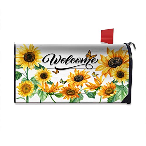 Sunflowers Welcome Mailbox Cover Standard Size 18x21 Inch Vintage Flowers Mailbox Cover White Wood Magnetic Mailbox Covers Post Wraps Letter Box Cover for Home Garden Yard Decor