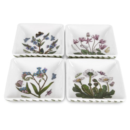 Portmeirion Botanic Garden 3' Square Mini Dipping Dishes - Set of 4 | Assorted Floral Motifs | Fine Porcelain | Chip Resistant Glaze | Dishwasher, Microwave, Freezer, Oven Safe