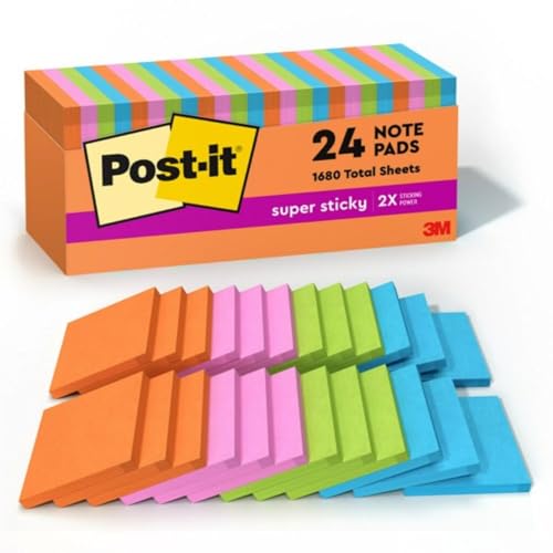 Post-it Super Sticky Notes, 3x3 in, 24 Pads, 2x the Sticking Power,Energy Boost Collection, Bright Colors (Orange, Pink, Blue, Green), Recyclable