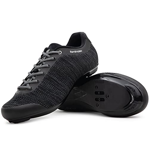 Tommaso Strada Aria Men’s Road Bike Shoes - Indoor & Outdoor Cycling Shoes for All Cleat Types - Look Delta, SPD, SPD-SL Compatible - Peloton Shoes Mens- Road Bike Shoes For Men Spin No Cleat Black 46