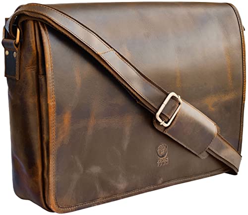 RUSTIC TOWN Leather Messenger Bag for Men Women - Full Grain Leather Laptop Satchel Office Shoulder Bag (16-Inch, Brown)