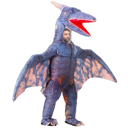 MXoSUM Inflatable Pterodactyl Costume for Adult Dinosaur Blow up Costume Party Dress up Funny Dino Halloween Costume (Purple)