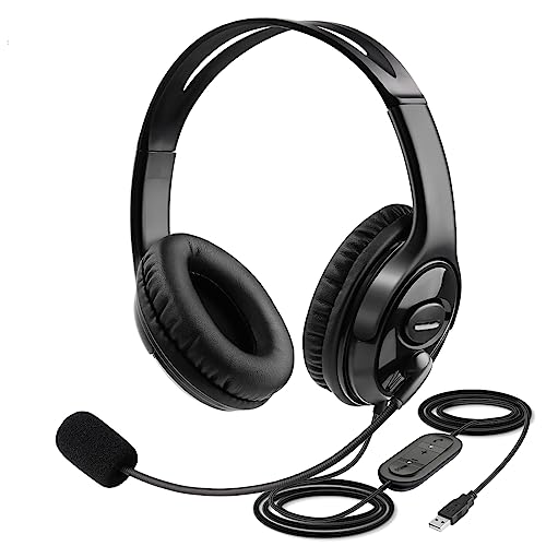 MKJ USB Headset with Microphone for PC, Stereo Computer Headset with Noise Canceling Mic for Laptop MAC, Dual Ear Wired Headphone for Call Center, Home Offices, Skype, Zoom, Microsoft Teams, Webinar