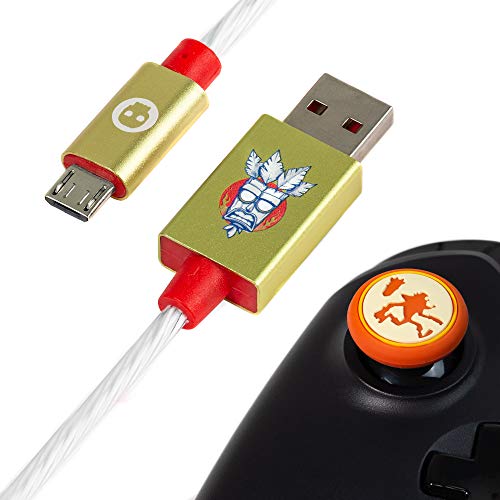 Numskull Official Crash Bandicoot LED Micro USB Cable and Thumb Stick Grips - 5ft Fast Charging Lead, Xbox One, PS4 Dualshock 4 Controller Mod