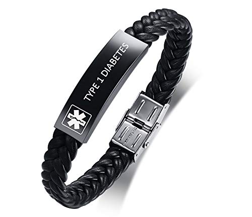 XUANPAI ELIQUIS Medical Alert ID Stainless Steel Black Braided Leather Bracelet Wristband for Men,8.4 Inches