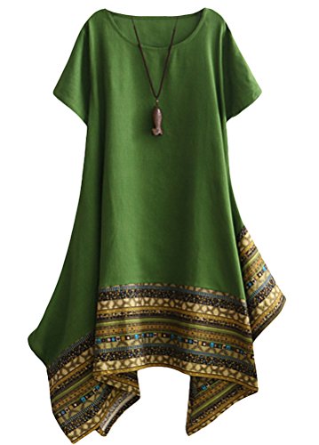 Minibee Women's Ethnic Cotton Linen Short Sleeves Irregular Tunic Dress (2XL, Green)