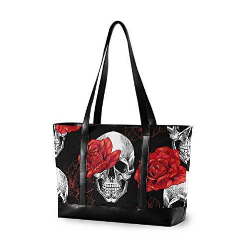 Skull And Red Roses Laptop Tote Bag,Fits 15.6 Inch Laptop,Womens Lightweight Canvas Leather Tote Bag Shoulder Bag(j)