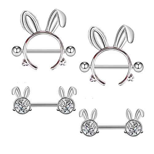 FLOGWE 14G 316L Cute Rabbit Nipple Rings Stainless Steel Easter Bunny Nipple Barbell Rings Piercing Jewelry for Women……