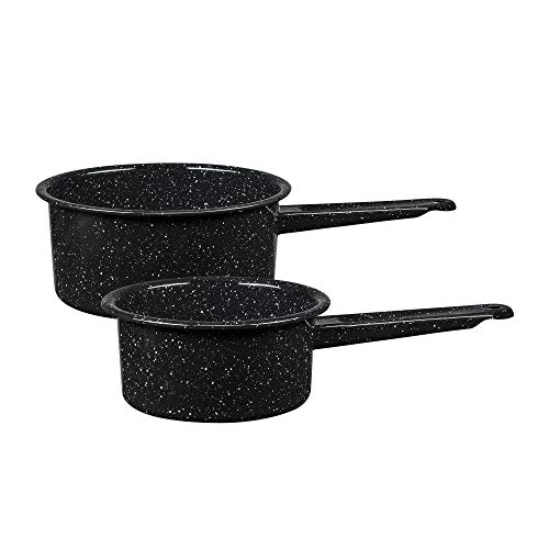 Granite Ware 1 qt y 2 qt saucepan set. Enameled steel great for camping, outdoor use, suitable for oven and direct fire.