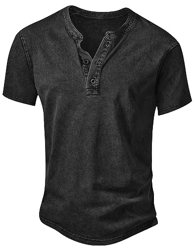 NITAGUT Mens Distressed Henley Shirts Retro Short Sleeve Cotton Tee Shirts Casual Button Down Washed T-Shirts Black, X-Large