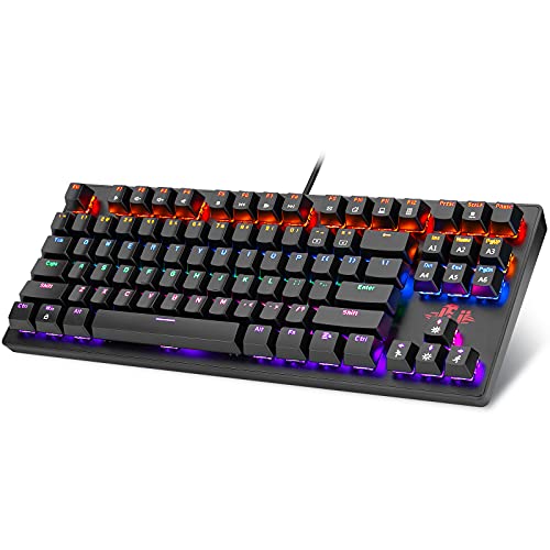 Rii RK908 Mechanical Gaming Keyboard RGB LED Rainbow Backlit Wired Compact Keyboard with Blue Switches 87 Keys for Windows PC Gaming