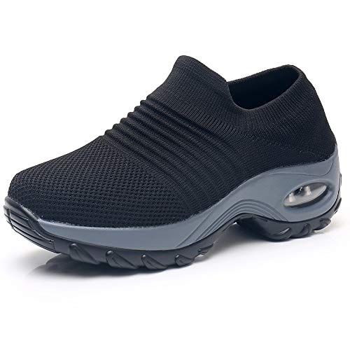 Women's Walking Shoes Sock Sneakers - Mesh Slip On Air Cushion Lady Girls Modern Jazz Dance Easy Shoes Platform Loafers Black,10