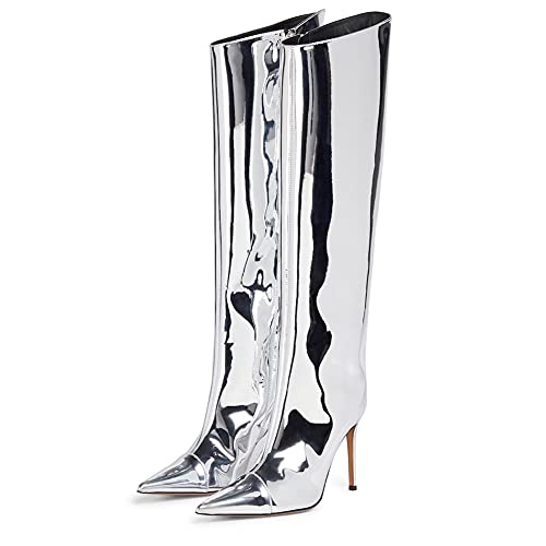 Arqa Silver Metallic Boots for Women Pointed Toe Stiletto High Heel Knee High Boots Summer Party Chrome Boot in Size 8