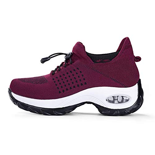 Women's Walking Shoes Sock Sneakers - Mesh Easy Lace Air Cushion Lady Girls Modern Jazz Dance Platform Nursing Shoes Wine Red1,9.5