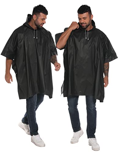 HOOMBOOM Unisex Reusable Rain Ponchos 2 Packs for Adults Waterproof - Emergency Rain Coat for Theme Park, Hiking, Camping or Traveling,Black