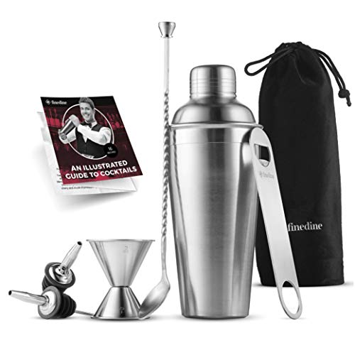 FineDine 7-Piece Cocktail Shaker Set - Bar Tools - Stainless Steel Bartender Kit, with All Bar Accessories, Cocktail Strainer, Double Jigger, Bar Spoon, Bottle Opener, Pour Spouts
